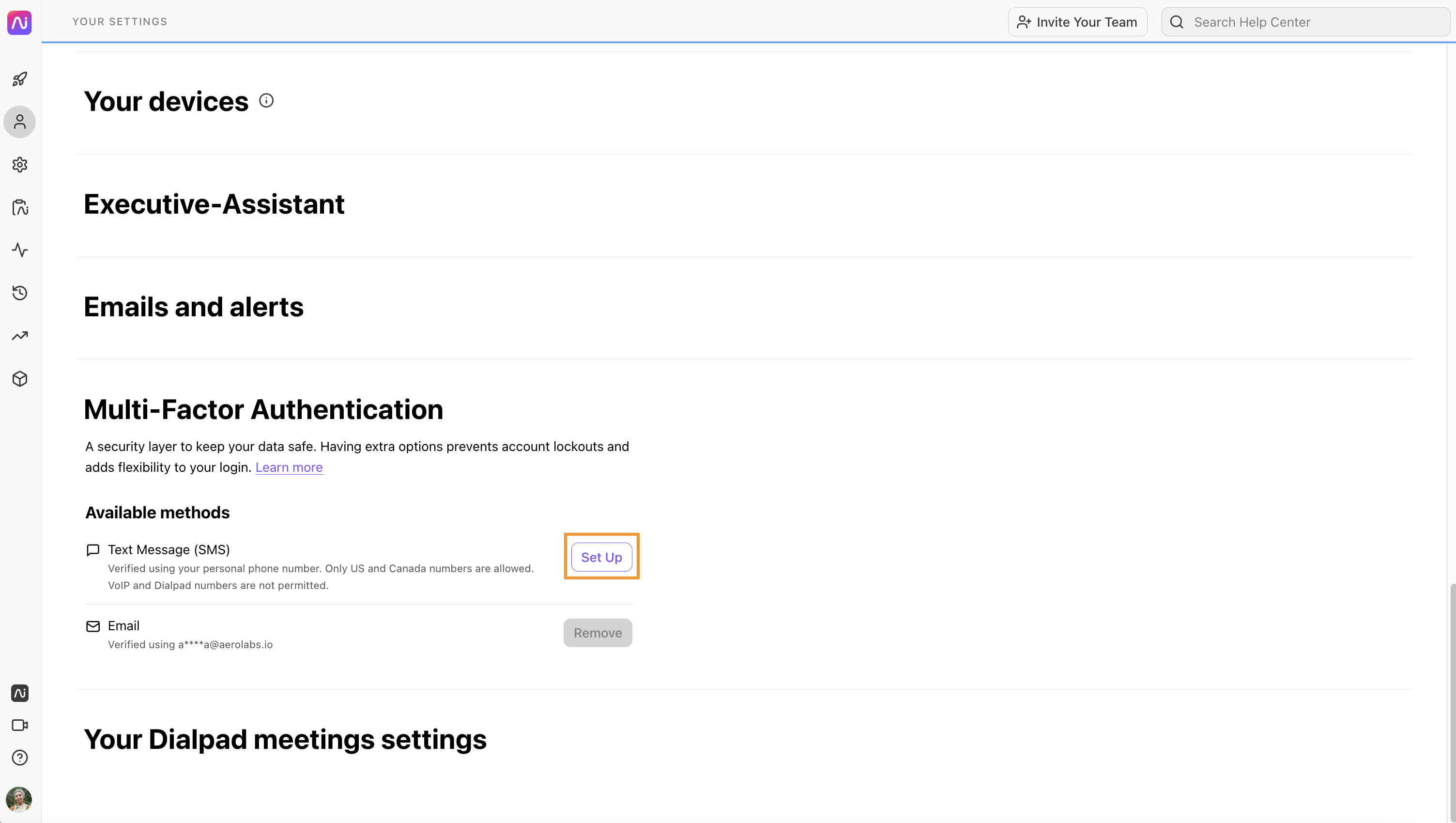 Settings page showing Multi-Factor Authentication options and setup options.